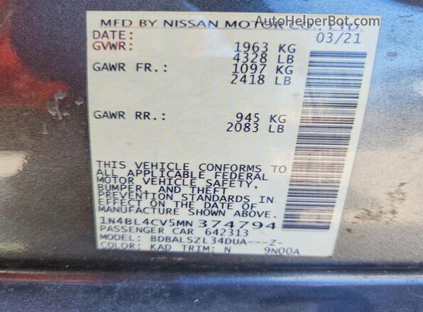 1N4BL4CV5MN374794 2021 NISSAN ALTIMA Gray Շարժիչի բաժամունքի տեսք
