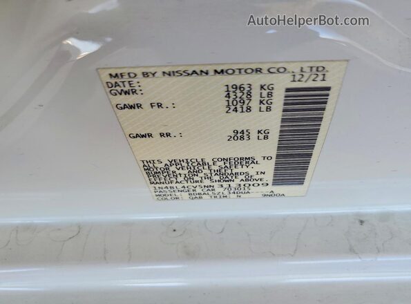 1N4BL4CV5NN313009 2022 NISSAN ALTIMA White Vista de la etiqueta del VIN