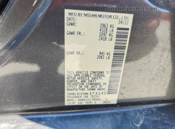 1N4BL4CV5NN373145 2022 NISSAN ALTIMA Gray VIN კოდის სტიკერის ხედი