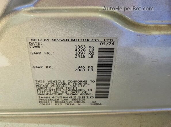 1N4BL4CV5RN423810 2024 NISSAN ALTIMA Silver Vista del compartimento del motor