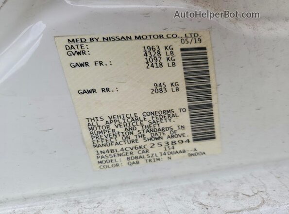 1N4BL4CV6KC253894 2019 NISSAN ALTIMA White Շարժիչի բաժամունքի տեսք