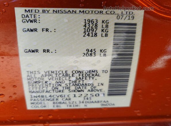 1N4BL4CV6LC122501 2020 NISSAN ALTIMA Orange Вид підкапотного простору