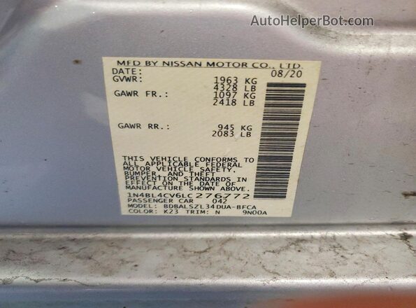 1N4BL4CV6LC276772 2020 NISSAN ALTIMA Silver Vista del compartimento del motor