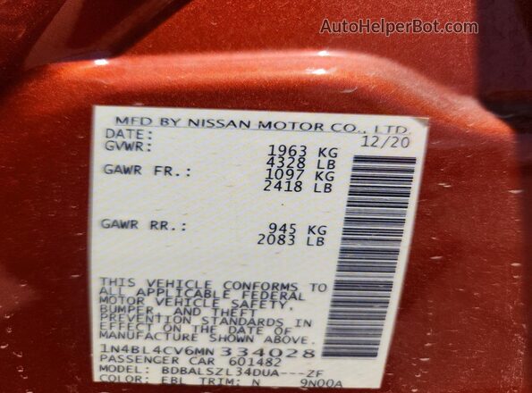 1N4BL4CV6MN334028 2021 NISSAN ALTIMA Orange Շարժիչի բաժամունքի տեսք