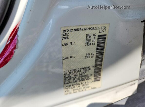 1N4BL4CV6NN308630 2022 NISSAN ALTIMA White VIN կոդի պիտակի տեսք
