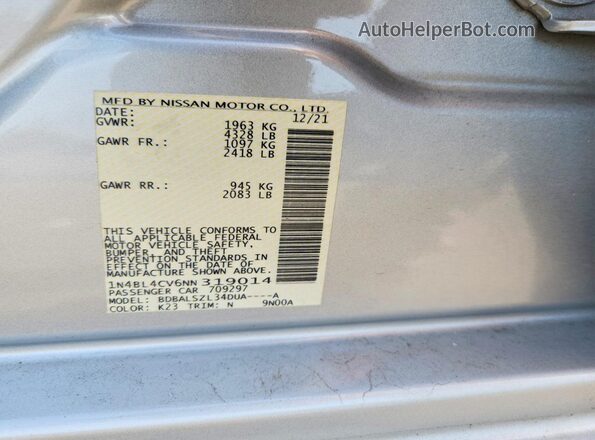 1N4BL4CV6NN319014 2022 NISSAN ALTIMA Silver ძრავის განყოფილების ხედი