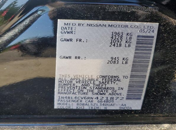 1N4BL4CV6RN421872 2024 NISSAN ALTIMA Black Вид підкапотного простору