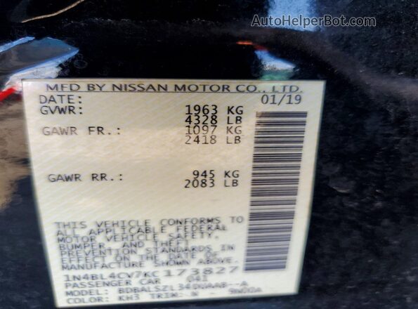 1N4BL4CV7KC173827 2019 NISSAN ALTIMA Black VIN კოდის სტიკერის ხედი