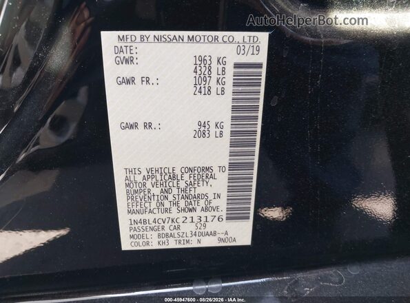1N4BL4CV7KC213176 2019 NISSAN ALTIMA Black Widok komory silnika
