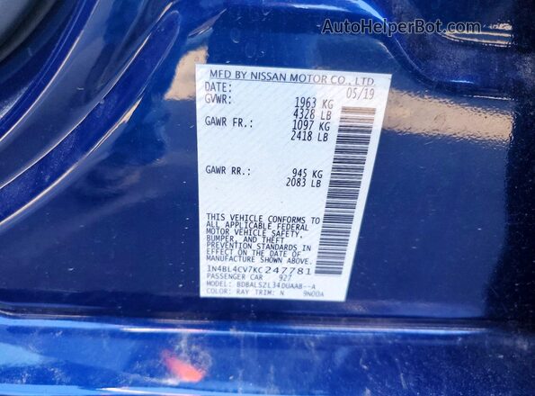1N4BL4CV7KC247781 2019 NISSAN ALTIMA Blue Engine compartment view