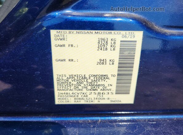 1N4BL4CV7KC258635 2019 NISSAN ALTIMA Blue VIN კოდის სტიკერის ხედი