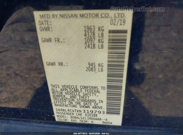 1N4BL4CV7KN319793 2019 NISSAN ALTIMA Blue ძრავის განყოფილების ხედი