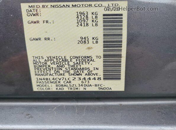 1N4BL4CV7LC234448 2020 NISSAN ALTIMA Серый Вид подкапотного пространства