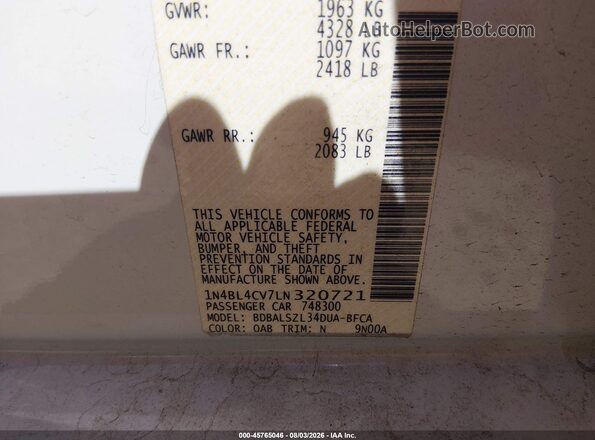 1N4BL4CV7LN320721 2020 NISSAN ALTIMA White Вид підкапотного простору