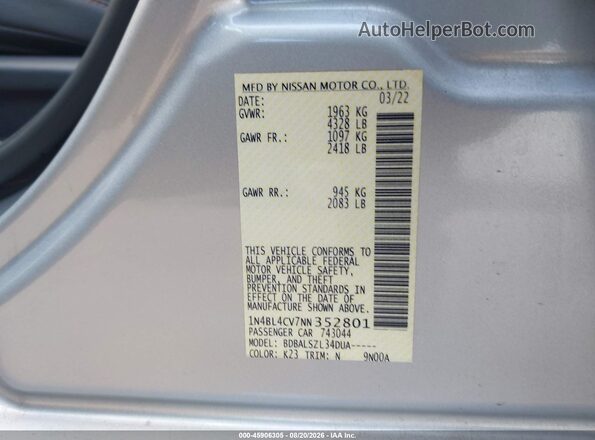 1N4BL4CV7NN352801 2022 NISSAN ALTIMA Silver Vista del compartimento del motor