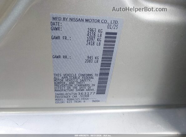 1N4BL4CV7SN363177 2025 NISSAN ALTIMA Silver Engine compartment view
