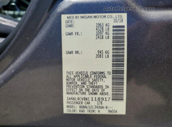 1N4BL4CV8KC118917 2019 NISSAN ALTIMA Gray Vista del compartimento del motor