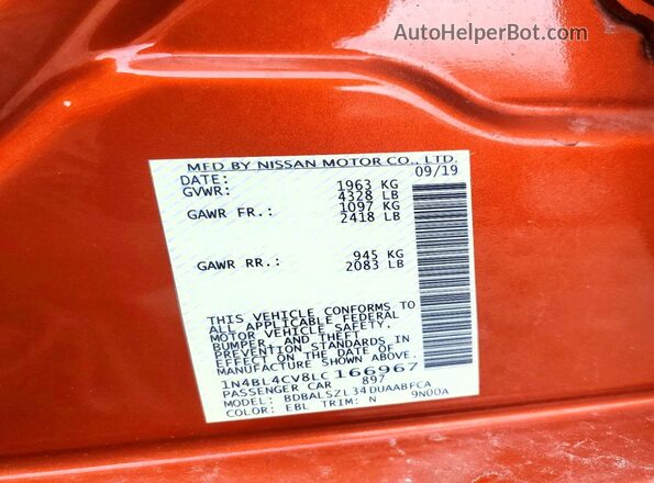 1N4BL4CV8LC166967 2020 NISSAN ALTIMA Orange Vista de la etiqueta del VIN