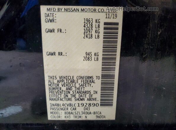 1N4BL4CV8LC192890 2020 NISSAN ALTIMA Black Widok komory silnika