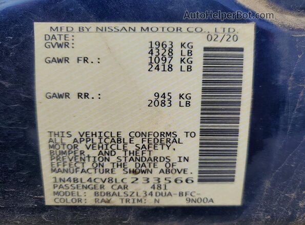 1N4BL4CV8LC233566 2020 NISSAN ALTIMA Blue Vista del compartimento del motor