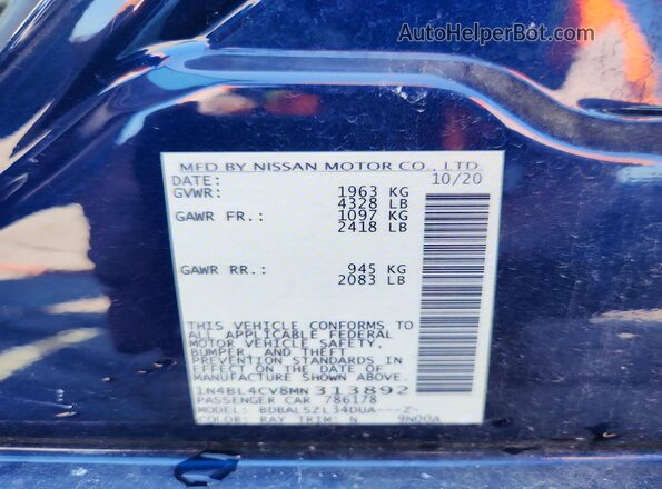 1N4BL4CV8MN313892 2021 NISSAN ALTIMA Blue Vista de la etiqueta del VIN