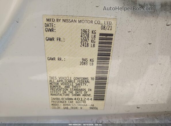 1N4BL4CV8MN401244 2021 NISSAN ALTIMA White Engine compartment view