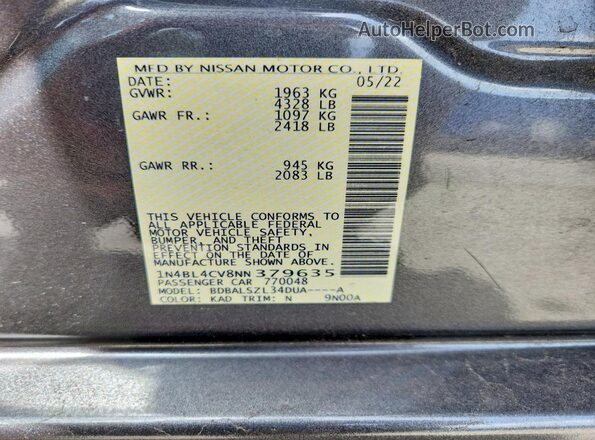 1N4BL4CV8NN379635 2022 NISSAN ALTIMA Gray Շարժիչի բաժամունքի տեսք