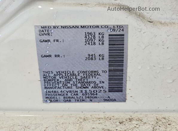 1N4BL4CV8SN315025 2025 NISSAN ALTIMA Белый Вид наклейки с VIN-кодом