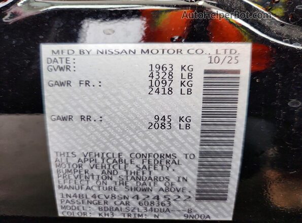 1N4BL4CV8SN424522 2025 NISSAN ALTIMA Black VIN sticker view