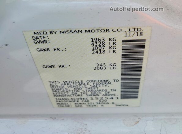 1N4BL4CV9KC152543 2019 NISSAN ALTIMA White ძრავის განყოფილების ხედი