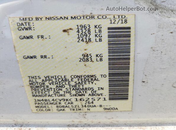 1N4BL4CV9KC162571 2019 NISSAN ALTIMA White Engine compartment view