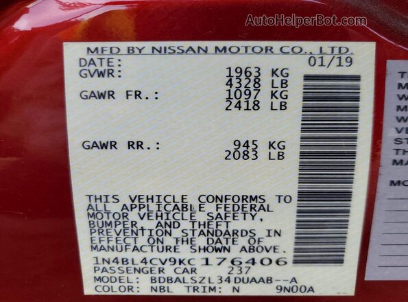 1N4BL4CV9KC176406 2019 NISSAN ALTIMA Burgundy Widok komory silnika