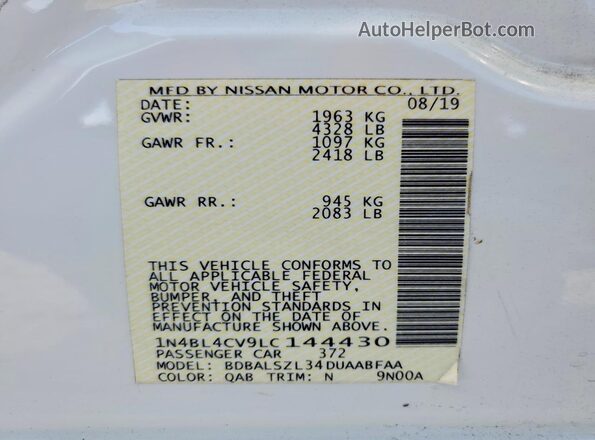 1N4BL4CV9LC144430 2020 NISSAN ALTIMA White VIN კოდის სტიკერის ხედი