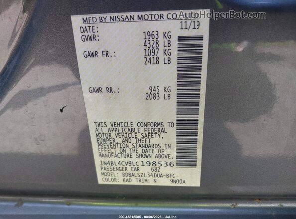 1N4BL4CV9LC198536 2020 NISSAN ALTIMA Gray Widok komory silnika