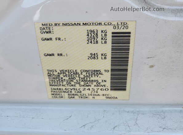 1N4BL4CV9LC245760 2020 NISSAN ALTIMA White Вид підкапотного простору