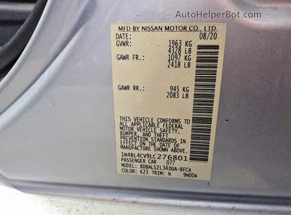 1N4BL4CV9LC276801 2020 NISSAN ALTIMA Silver Вид підкапотного простору