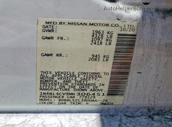 1N4BL4CV9MN306451 2021 NISSAN ALTIMA Белый Вид наклейки с VIN-кодом