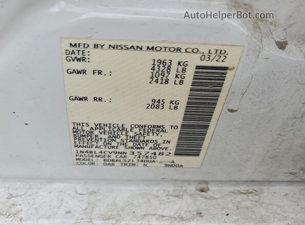 1N4BL4CV9NN357482 2022 NISSAN ALTIMA White Widok naklejki z numerem VIN