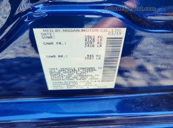 1N4BL4CVXKC205749 2019 NISSAN ALTIMA Blue VIN կոդի պիտակի տեսք