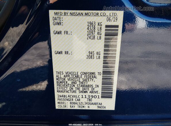 1N4BL4CVXLC113901 2020 NISSAN ALTIMA Blue Engine compartment view