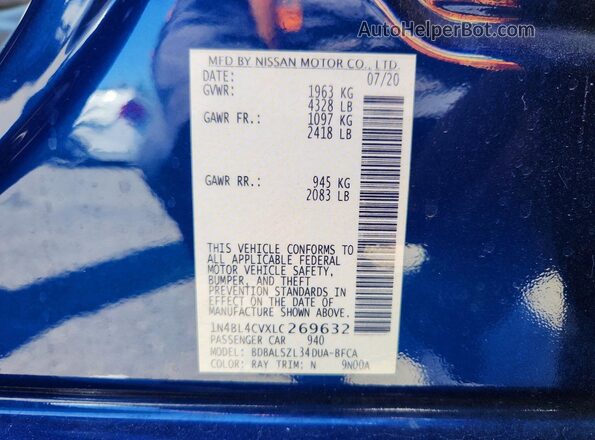 1N4BL4CVXLC269632 2020 NISSAN ALTIMA Синий Вид наклейки с VIN-кодом