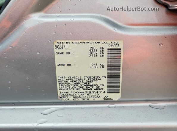 1N4BL4CVXMN397424 2021 NISSAN ALTIMA Silver ძრავის განყოფილების ხედი
