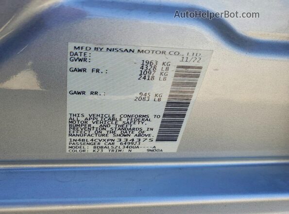 1N4BL4CVXPN334375 2023 NISSAN ALTIMA Silver VIN կոդի պիտակի տեսք