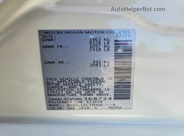 1N4BL4CVXRN368724 2024 NISSAN ALTIMA White VIN sticker view