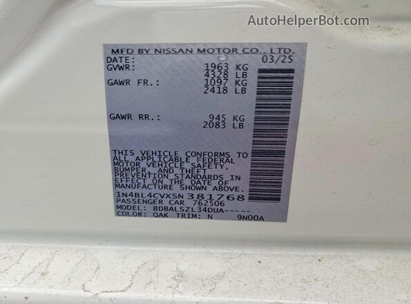 1N4BL4CVXSN381768 2025 NISSAN ALTIMA White VIN կոդի պիտակի տեսք
