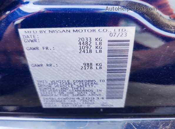 1N4BL4CW0PN420934 2023 NISSAN ALTIMA Blue Вид наклейки з VIN-кодом