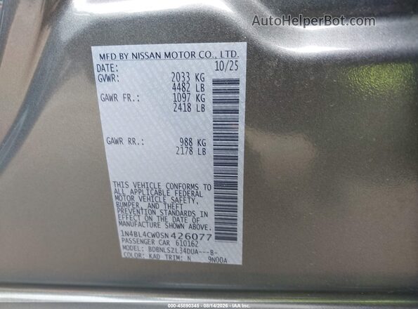 1N4BL4CW0SN426077 2025 NISSAN ALTIMA Gray Engine compartment view