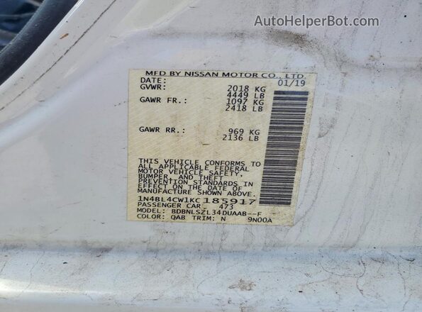 1N4BL4CW1KC185917 2019 NISSAN ALTIMA White Вид підкапотного простору