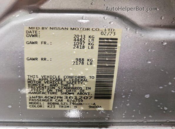 1N4BL4CW2PN361207 2023 NISSAN ALTIMA Silver VIN կոդի պիտակի տեսք