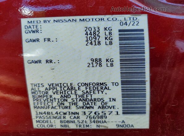 1N4BL4CW3NN376571 2022 NISSAN ALTIMA Красный Вид подкапотного пространства